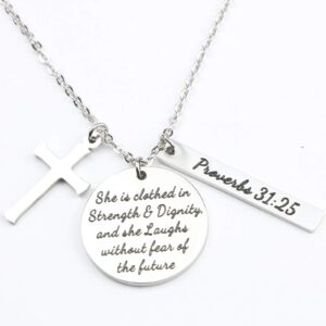 Memgift Christian Necklace Stainless Steel Cross Pendant Jewelry for Women She is Clothed in Strength and Dignity and She Laughs without Fears of the Future