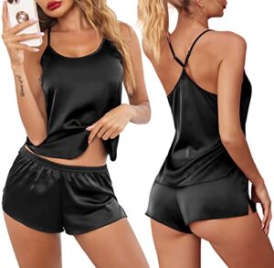 ekouaer pajamas womens lingerie satin sleepwear cami shorts set 2 piece nightwear gift black