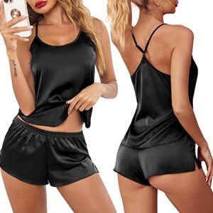 Ekouaer Pajamas Womens Lingerie Satin Sleepwear Cami Shorts Set 2 Piece Nightwear Gift Black
