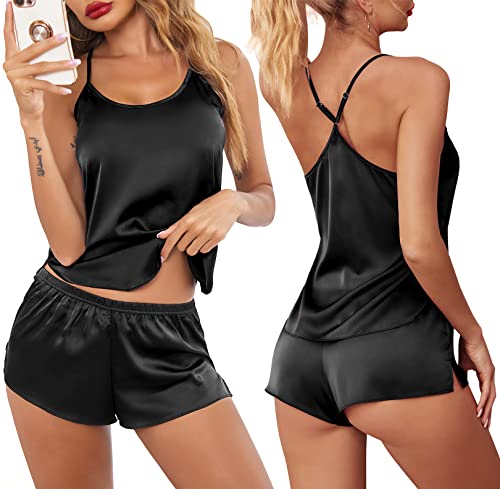 Ekouaer Pajamas Womens Lingerie Satin Sleepwear Cami Shorts Set 2 Piece Nightwear Gift Black