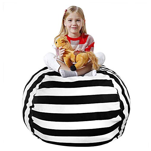 TOUCH-RICH Stuffed Animal Storage Bean Bag Chair 38” Beanbag Cover Only Plush Toys Holder Organizer 100% Cotton Canvas for Kids Child, Black Stripes