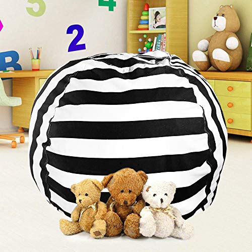 TOUCH-RICH Stuffed Animal Storage Bean Bag Chair 38” Beanbag Cover Only Plush Toys Holder Organizer 100% Cotton Canvas for Kids Child, Black Stripes