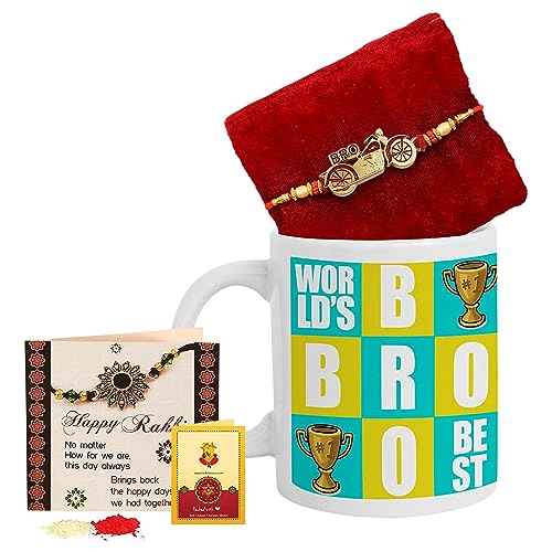 TIED RIBBONS Rakhi for Brother with Gift Set | Bhai Rakhi with Card | Coffee Mug (10 Oz) | Roli Chawal Packet - Raksha Bandhan Rakhi Bracelet for Brother Rakhi for Bhaiya | Bro Rakhi Thread