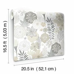 RoomMates RMK11326WP Beige Perennial Blooms Peel and Stick Wallpaper, Roll, Beige