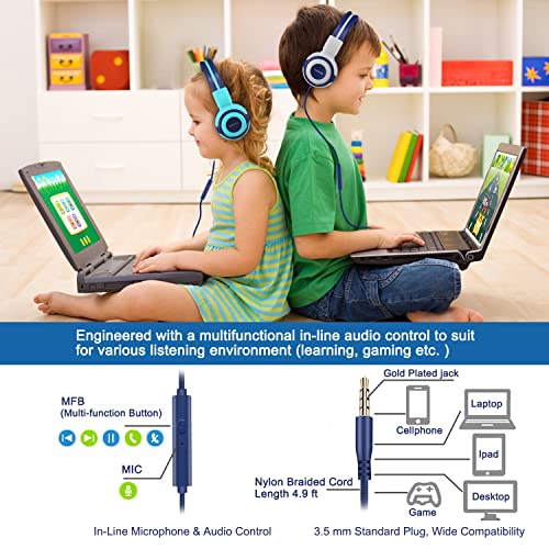 SIMOLIO Kids Headphones for School with Microphone, 75dB,85dB,94dB Volume Limited, Adjustable & Durable Headphones for Boy Children Student Computer, Wired On-Ear Headset with Share Port (Grey)