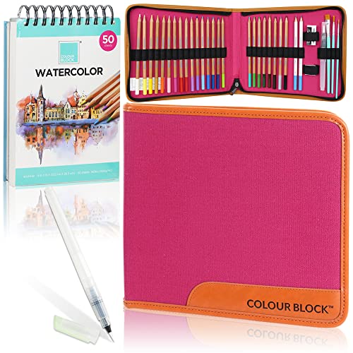 COLOUR BLOCK Watercolor Pencil Travel Art Set I 34pc Professional Drawing Kit, 50Sheets Drawing Pad, Paint Brushes I Vibrant Pigments for Coloring, Blending