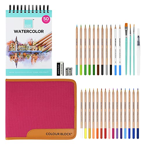 COLOUR BLOCK Watercolor Pencil Travel Art Set I 34pc Professional Drawing Kit, 50Sheets Drawing Pad, Paint Brushes I Vibrant Pigments for Coloring, Blending