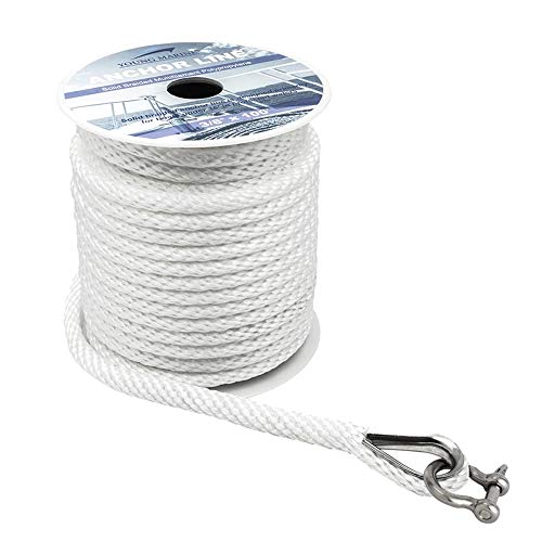 Young Marine Premium Solid Braid MFP Anchor Line Braided Anchor Rope/Line 3/8 Inch 100FT with Stainless Steel Thimble & Shackle (3/8" x 100', White)