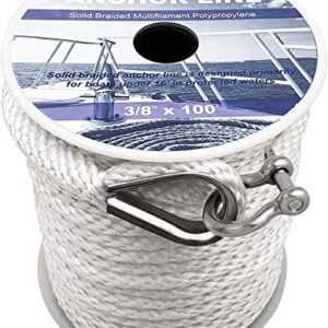 Young Marine Premium Solid Braid MFP Anchor Line Braided Anchor Rope/Line 3/8 Inch 100FT with Stainless Steel Thimble & Shackle (3/8" x 100', White)