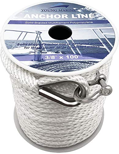 Young Marine Premium Solid Braid MFP Anchor Line Braided Anchor Rope/Line 3/8 Inch 100FT with Stainless Steel Thimble & Shackle (3/8" x 100', White)