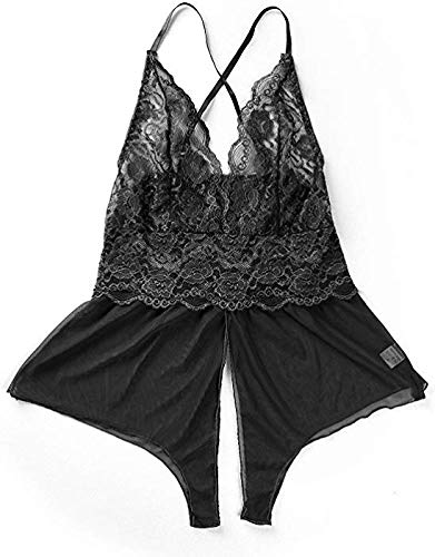 Women Lingerie Sheer Lace Mini Babydoll Teddy Sexy Bodysuit Backless Sleepwear (XXXL, Black)