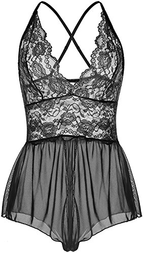 Women Lingerie Sheer Lace Mini Babydoll Teddy Sexy Bodysuit Backless Sleepwear (XXXL, Black)