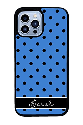 Blue Black and White Polka Dot Personalized Apple iPhone Black Rubber Phone Case Compatible with iPhone 14 Pro Max, Pro, Max, iPhone 13 Pro Max Mini, 12 Pro Max Mini, 11 Pro Max X XS Max XR 8 7 Plus