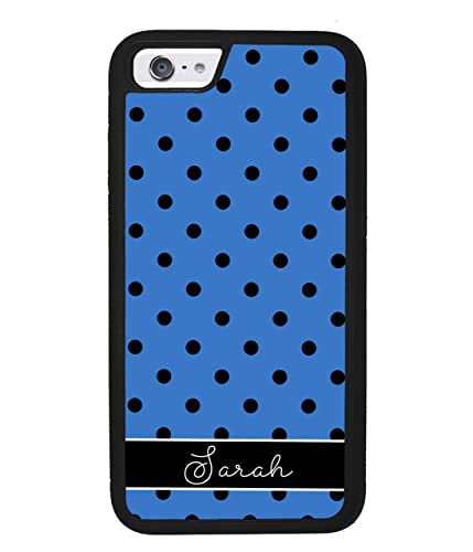 Blue Black and White Polka Dot Personalized Apple iPhone Black Rubber Phone Case Compatible with iPhone 14 Pro Max, Pro, Max, iPhone 13 Pro Max Mini, 12 Pro Max Mini, 11 Pro Max X XS Max XR 8 7 Plus