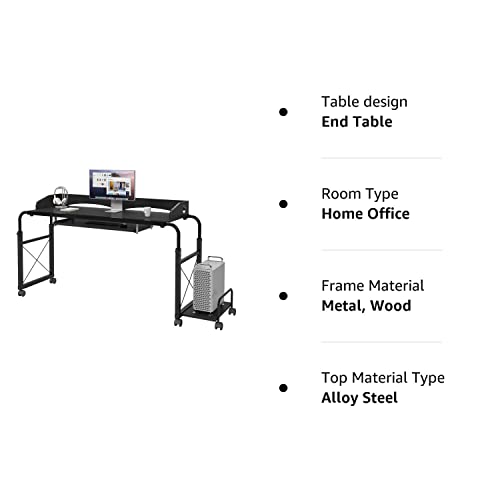 sogesfurniture Overbed Table with Wheels,Height and Length Adjustable Mobile Table 47 inches Works as Laptop Cart Computer Table Bed Table,Black BHUS-203-2-120BK