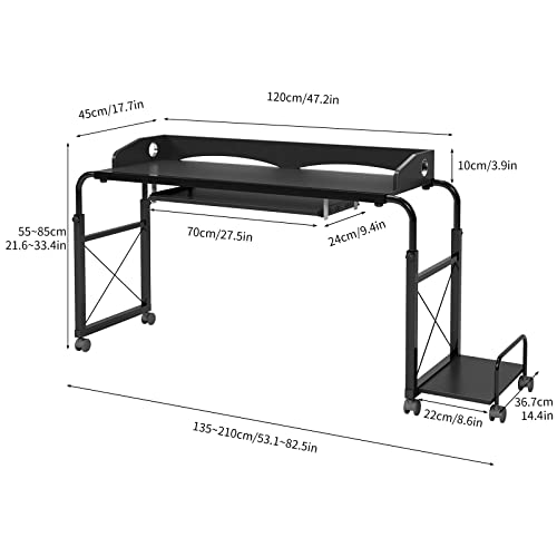 sogesfurniture Overbed Table with Wheels,Height and Length Adjustable Mobile Table 47 inches Works as Laptop Cart Computer Table Bed Table,Black BHUS-203-2-120BK