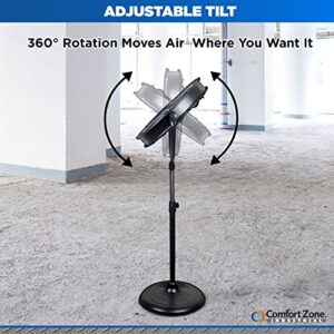 Comfort Zone CZHVP20S 20” 3-Speed Slim-Profile High-Velocity Industrial Pedestal Fan with Aluminum Blades and Adjustable Tilt, All-Metal Construction, Black