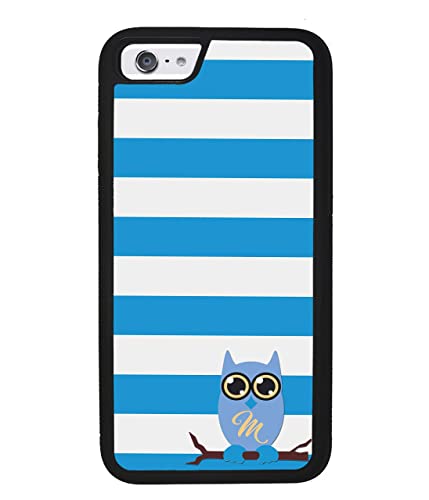 Blue and White Bars Owl Personalized Apple iPhone Black Rubber Phone Case Compatible with iPhone 14 Pro Max, Pro, Max, iPhone 13 Pro Max Mini, 12 Pro Max Mini, 11 Pro Max X XS Max XR 8 7 Plus