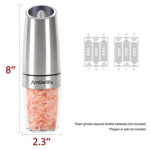 Gravity Salt and Pepper Mill Set - Battery Operated Automatic Salt and Pepper Mills,Adjustable Coarseness,One-Handed Operation,Utility Brush,Stainless Steel by AmuseWit