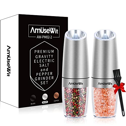 Gravity Salt and Pepper Mill Set - Battery Operated Automatic Salt and Pepper Mills,Adjustable Coarseness,One-Handed Operation,Utility Brush,Stainless Steel by AmuseWit