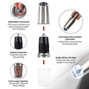 Gravity Salt and Pepper Mill Set - Battery Operated Automatic Salt and Pepper Mills,Adjustable Coarseness,One-Handed Operation,Utility Brush,Stainless Steel by AmuseWit