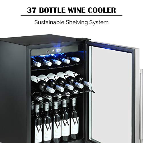 Antarctic Star Wine Cooler Refrigerator Fridge 37 Bottles Single Zone Wine Cellar Freestanding Wine Chiller with Stainless Steel & Double-Layer Glass Door/Digital Memory Temperature Control Silver