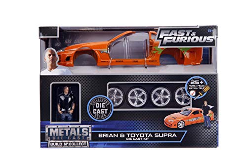 Jada Toys Fast & Furious Brian & Toyota Supra, 1:24 Scale Build n' Collect Die-Cast Model Kit with 2.75" Die-Cast Figure , Orange