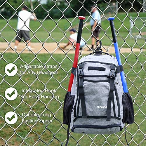 ZOEA Baseball Bat Bag Backpack, T-Ball & Softball Equipment & Gear for Youth and Adults | Large Capacity Holds 4 Bats, Helmet, Glove, Shoes | Shoe Compartment & Fence Hook & Helmet Holder Gray