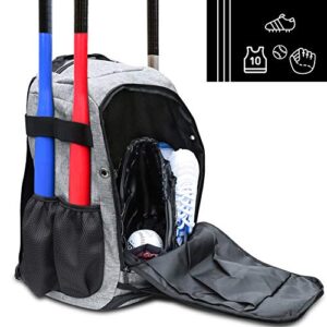 ZOEA Baseball Bat Bag Backpack, T-Ball & Softball Equipment & Gear for Youth and Adults | Large Capacity Holds 4 Bats, Helmet, Glove, Shoes | Shoe Compartment & Fence Hook & Helmet Holder Gray