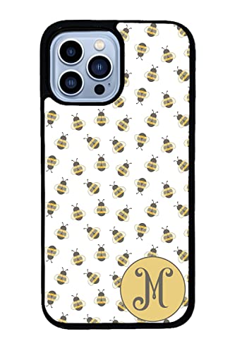 Honey Bumble Bee Texture Personalized Initial Apple iPhone Black Rubber Phone Case Compatible with iPhone 14 Pro Max, Pro, Max, iPhone 13 Pro Max Mini, 12 Pro Max Mini, 11 Pro Max X XS Max XR 8 7 Plus