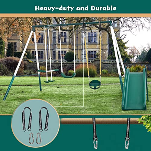 Toddler Swing, KINSPORY Baby Swing Outdoor, Heavy-Duty High Back Full Bucket Infant Swing Seat, 59" Coated Chains with Tree Straps for Swing Sets Outdoor Backyard (Green)