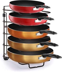 simple trending adjustable pan and pot lid organizer rack holder, kitchen counter and cabinet organizer, bronze