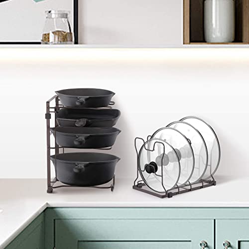 Simple Trending Adjustable Pan and Pot Lid Organizer Rack Holder, Kitchen Counter and Cabinet Organizer, Bronze