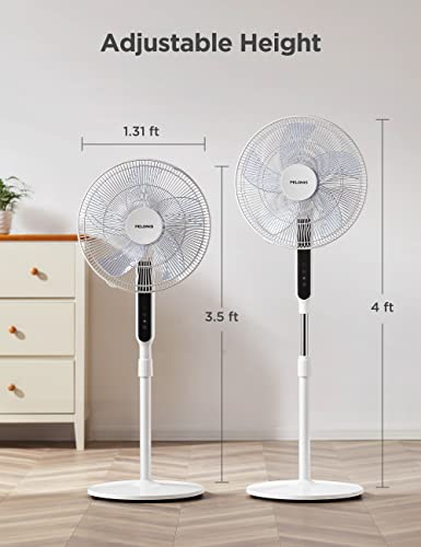 PELONIS 16" Oscillating Pedestal Stand Up Fan | Adjustable Height | Ultra Quiet DC Motor | Remote Control | 12 Speed | 12-Hour Timer | High Energy Efficiency | for Bedroom Home Office Use | White
