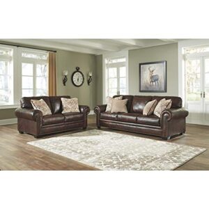 Signature Design by Ashley Roleson Traditional Leather Loveseat with Nailhead Trim and 2 Accent Pillows, Brown