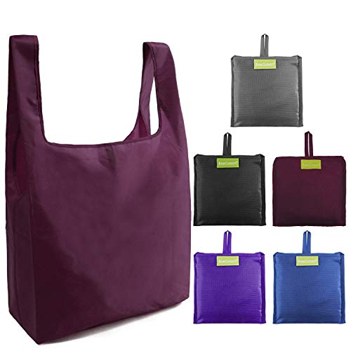 Ripstop Reusable Grocery Bags Set 5, Washable Foldable Shopping Bags,Reusable Shopping Tote, Light Weight(Grey,Black,Burgundy,Purple,Navy Blue)