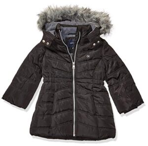 calvin klein girls' hooded winter puffer jacket, full-length heavy weight coat with fleece lining, black aerial, 4t