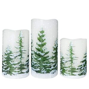 wondise flickering flameless pillar candles with timer, battery operated real wax warm light christmas tree pine tree decal candle for home decoration christmas gifts, set of 3(d3 x h4/5/6 inch)