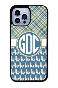 green blue white plaid llama personalized monogram black rubber phone case compatible with apple iphone 14 pro max, pro, max, iphone 13 pro max mini, 12 pro max mini, 11 pro max x xs max xr 8 7 plus