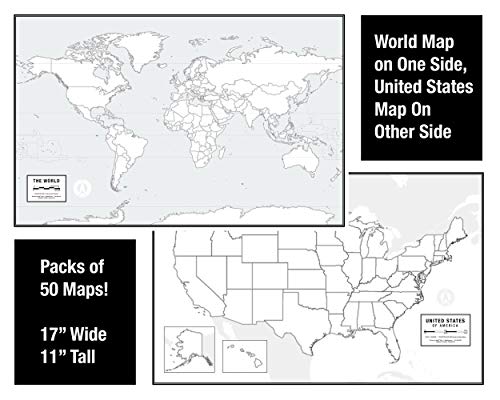 Educational Blank Outline Maps, 2-Sided World & US, 17” x 11”, 50-Pack | Great Blank Map Worksheets for Classroom or Home Study | Laminated Answer Sheet Included | Map Packs are Perfect Desk Size