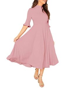 verdusa women's elegant ribbed knit bell sleeve fit and flare midi dress pink l