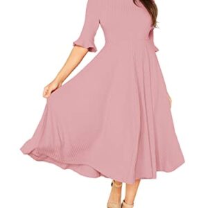 Verdusa Women's Elegant Ribbed Knit Bell Sleeve Fit and Flare Midi Dress Pink L