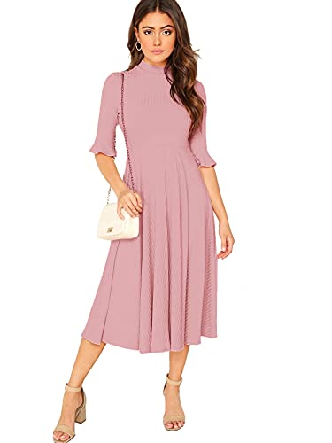 Verdusa Women's Elegant Ribbed Knit Bell Sleeve Fit and Flare Midi Dress Pink L