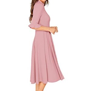 Verdusa Women's Elegant Ribbed Knit Bell Sleeve Fit and Flare Midi Dress Pink L