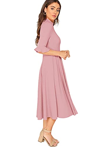 Verdusa Women's Elegant Ribbed Knit Bell Sleeve Fit and Flare Midi Dress Pink L