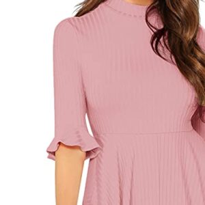 Verdusa Women's Elegant Ribbed Knit Bell Sleeve Fit and Flare Midi Dress Pink L