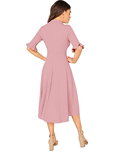 Verdusa Women's Elegant Ribbed Knit Bell Sleeve Fit and Flare Midi Dress Pink L