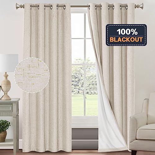 Primitive Textured Linen 100% Blackout Curtains for Bedroom/Living Room Energy Saving Window Treatment Curtain Drapes, Burlap Fabric with White Thermal Insulated Liner (2 Panels, 52 x 84 in, Natural)