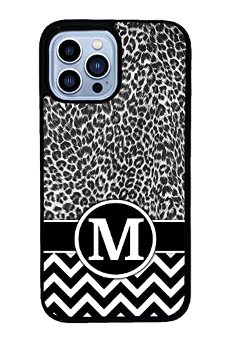 Black White Leopard Chevron Personalized Apple iPhone Black Rubber Phone Case Compatible with iPhone 14 Pro Max, Pro, Max, iPhone 13 Pro Max Mini, 12 Pro Max Mini, 11 Pro Max X XS Max XR 8 7 Plus