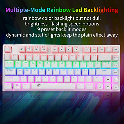 HUO JI 65% Mechanical Gaming Keyboard, E-Yooso Z-88 with Blue Switches Metal Panel Rainbow LED Backlit, Compact 81 Keys, Silver and White